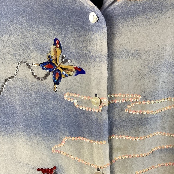 Quaker factory Silk Blue Red embroidered Sequin lighthouse sailboat button-up M - Picture 6 of 9